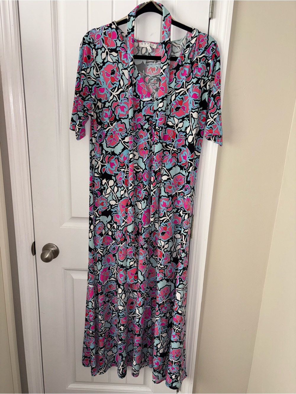 Floral V-Neck Maxi Dress in Pink & Blue- Chaus